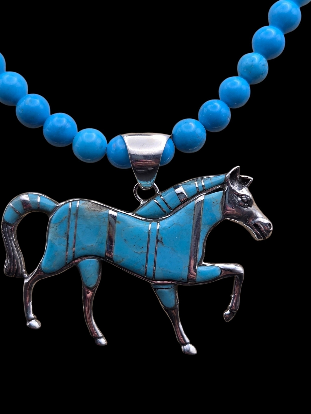 Turquoise Inlay Horse Pendant Necklace - Blue